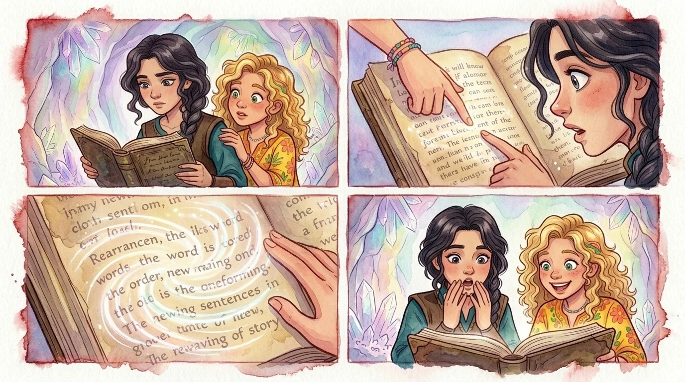 "Mira esto", dijo Marisol, señalando las palabras. "¡Están... cambiando!". Amara se acercó, y las letras brillaron, reordenándose en nuevas oraciones.