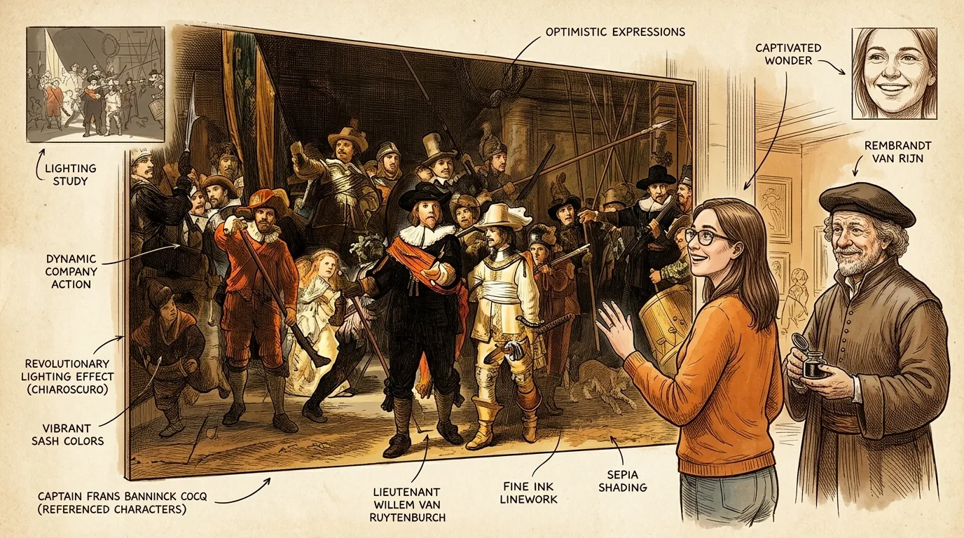 The Night Watch — Amsterdam, Netherlands — 1642 — page 1 illustration — Wonder Arts The Night Watch — Amsterdam, Netherlands — 1642 — page 1 illustration — Wonder Arts