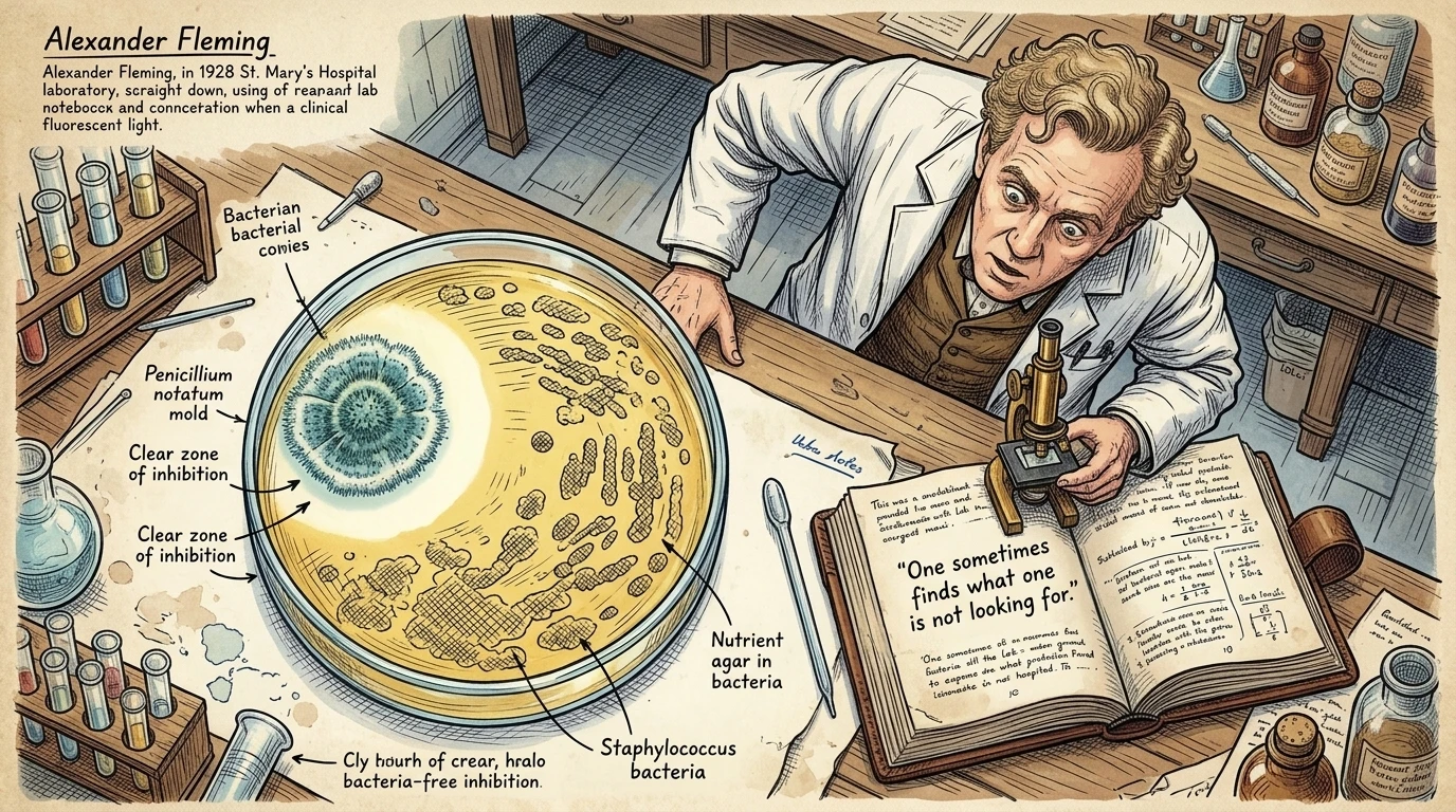 One day, Alexander returned from vacation to find a petri dish he'd left out was covered in mold. "'One sometimes finds what one is not looking for,'" Alexander… One day, Alexander returned from vacation to find a petri dish he'd left out was covered in mold. "'One sometimes finds what one is not looking for,'" Alexander…