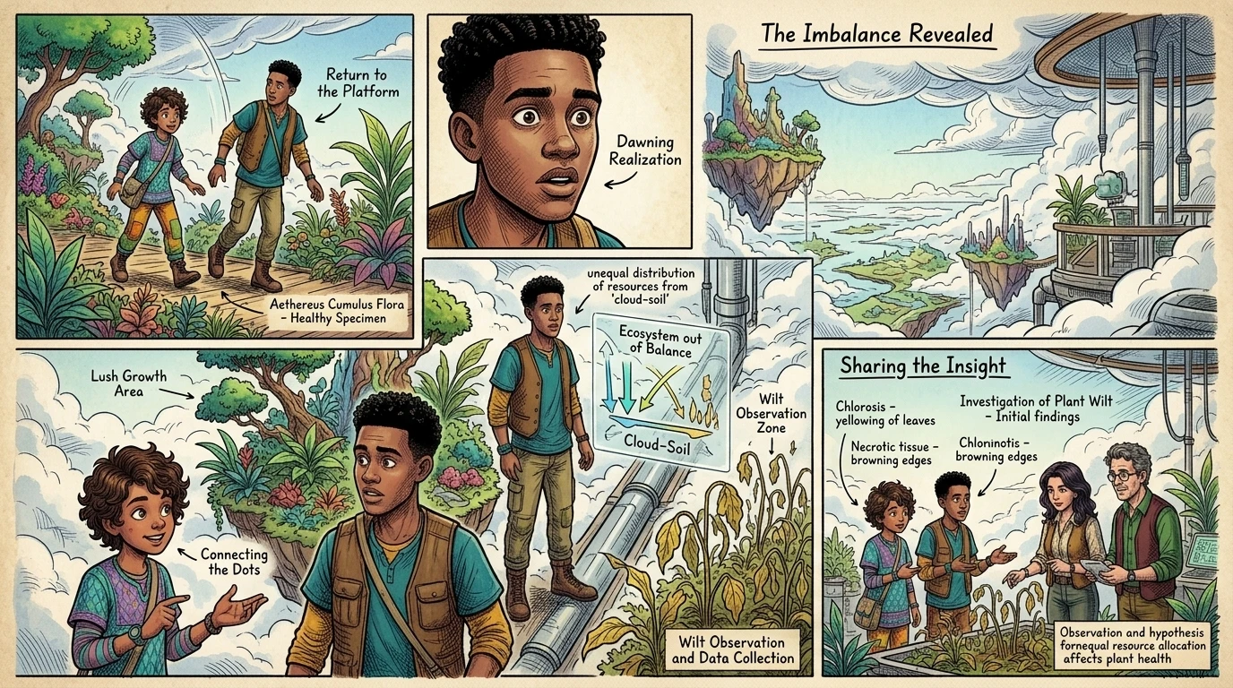 The clouds vanished, and they were back on their platform. Jabari's eyes widened. "So, the plants that droop must be missing something important that other… The clouds vanished, and they were back on their platform. Jabari's eyes widened. "So, the plants that droop must be missing something important that other…