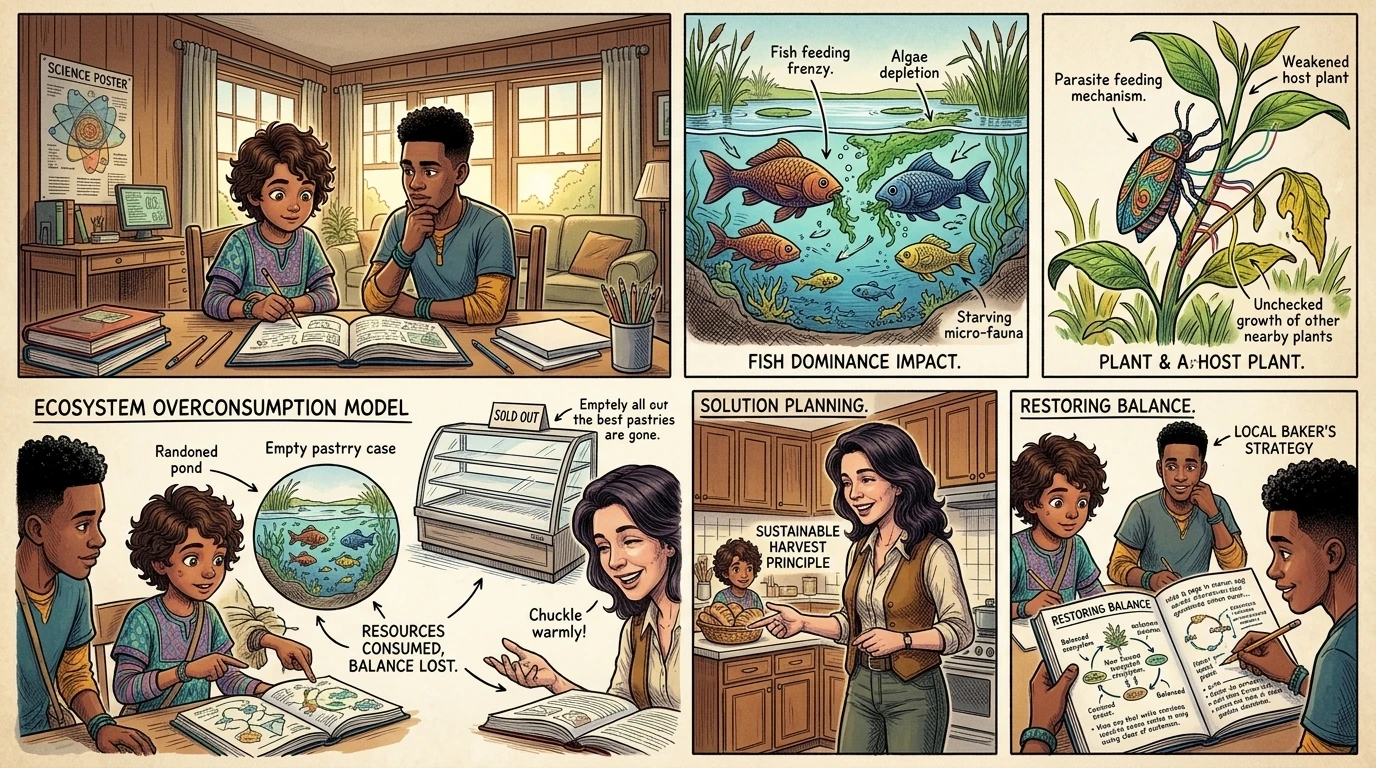 "It's kind of like when certain fish hog all the algae in a pond, leaving none for the smaller critters, I guess," Jabari said, stroking his chin. "It's kind of like when certain fish hog all the algae in a pond, leaving none for the smaller critters, I guess," Jabari said, stroking his chin.
