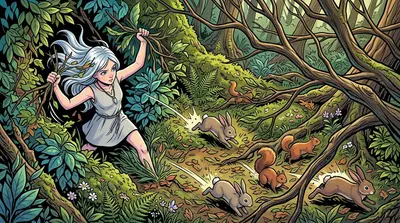 The forest greeted Lyra with a symphony of sounds and smells, a stark contrast to the cave's quiet hum. Giant trees loomed, their branches intertwined, forming… The forest greeted Lyra with a symphony of sounds and smells, a stark contrast to the cave's quiet hum. Giant trees loomed, their branches intertwined, forming…