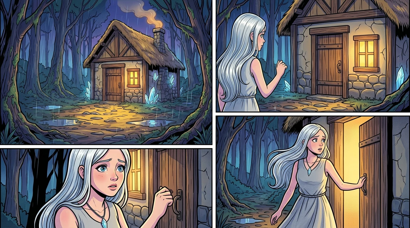 The light led her to a small cottage, smoke curling from its chimney. Relief washed over her as she approached the door, hesitant but hopeful. The light led her to a small cottage, smoke curling from its chimney. Relief washed over her as she approached the door, hesitant but hopeful.