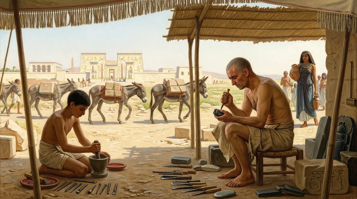 At a stone carver's modest workshop, not far from the River Nile, an…