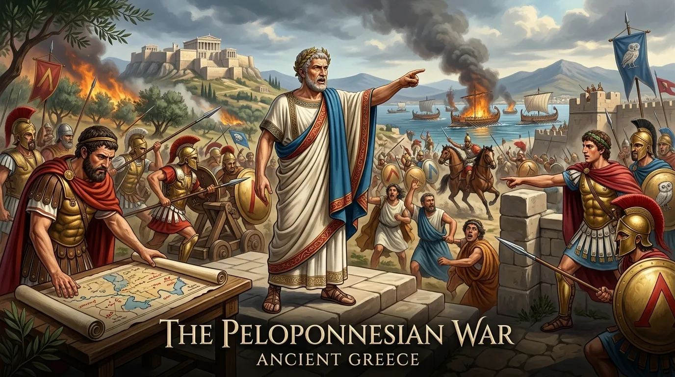 Ilustração da capa de “A Guerra do Peloponeso — Grécia Antiga (431 a.C., Grécia)”, uma história ilustrada em Wonder History