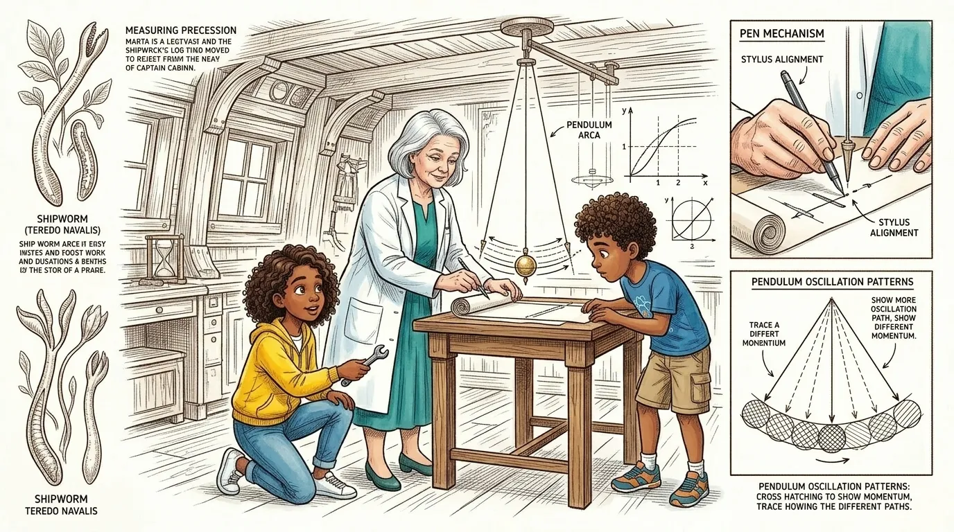 Tao examina la base del péndulo. "¡Mira! Pequeños cables lo conectan a ese panel... y el panel está brillando." Marta se acerca corriendo. Tao examina la base del péndulo. "¡Mira! Pequeños cables lo conectan a ese panel... y el panel está brillando." Marta se acerca corriendo.