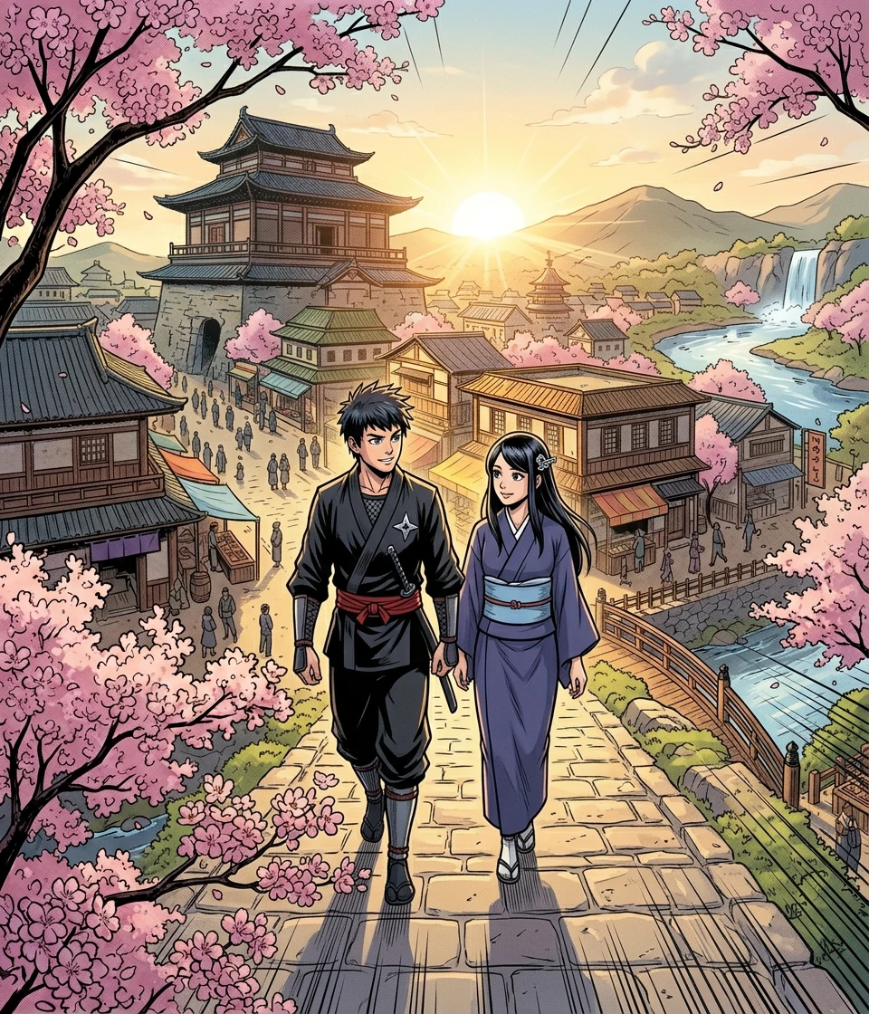 旭日东升,木叶隐村巍然屹立,象征着坚韧与希望。健三和明里并肩而行,准备迎接前方的任何挑战。他们是无辜者的守护者,是光明的卫士。他们将抵御任何威胁。 旭日东升,木叶隐村巍然屹立,象征着坚韧与希望。健三和明里并肩而行,准备迎接前方的任何挑战。他们是无辜者的守护者,是光明的卫士。他们将抵御任何威胁。