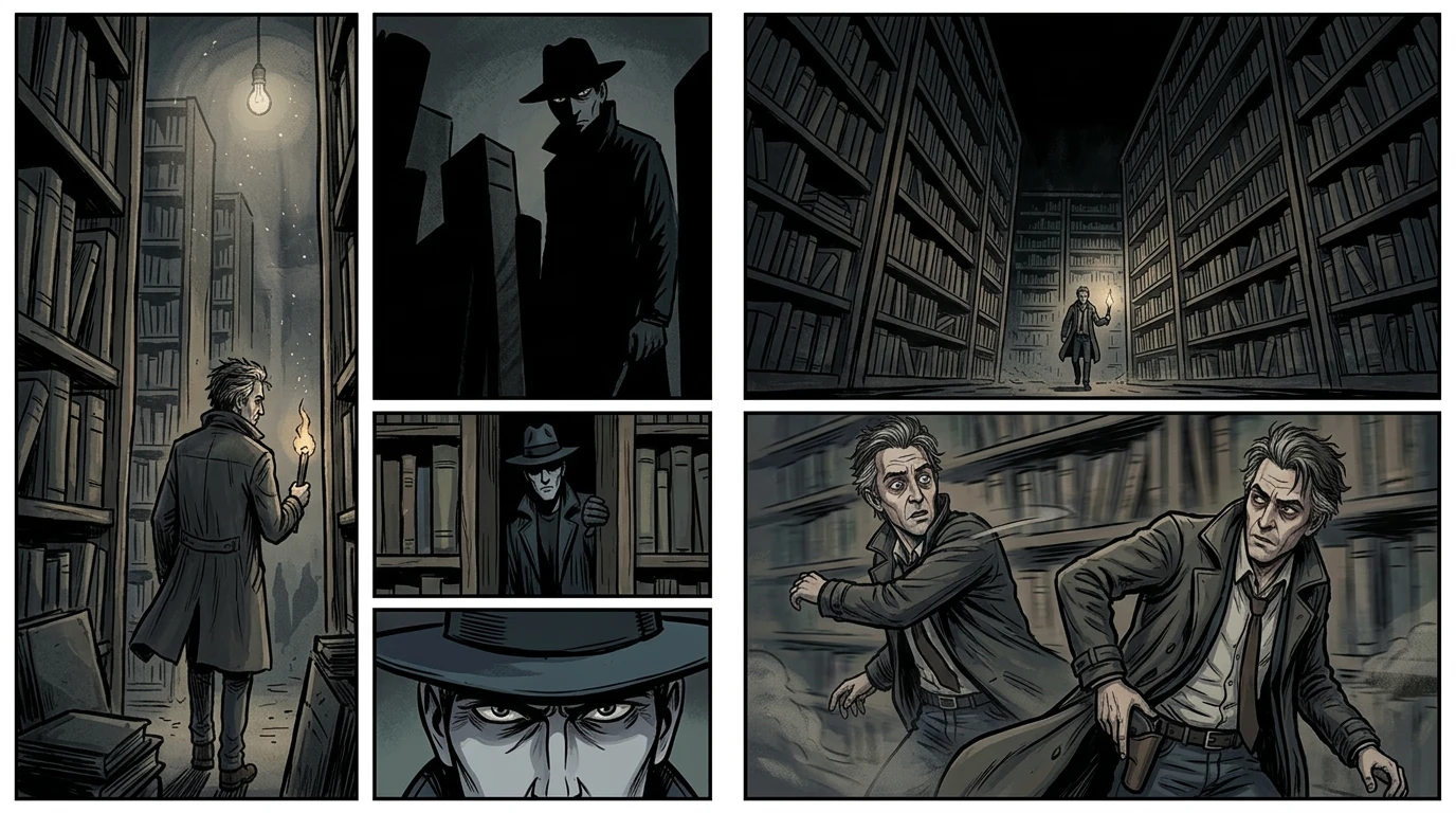Suddenly, a low growl echoed through the archives. A shadowy figure… Suddenly, a low growl echoed through the archives. A shadowy figure…