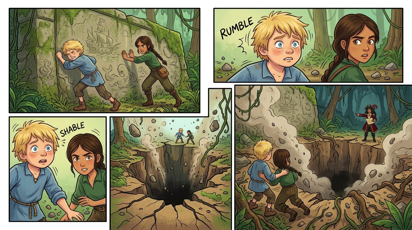 "This must be the entrance to the Pirate Queen's hidden vault!" Maya exclaimed. They pushed against the stone wall, but it wouldn't budge. "This must be the entrance to the Pirate Queen's hidden vault!" Maya exclaimed. They pushed against the stone wall, but it wouldn't budge.