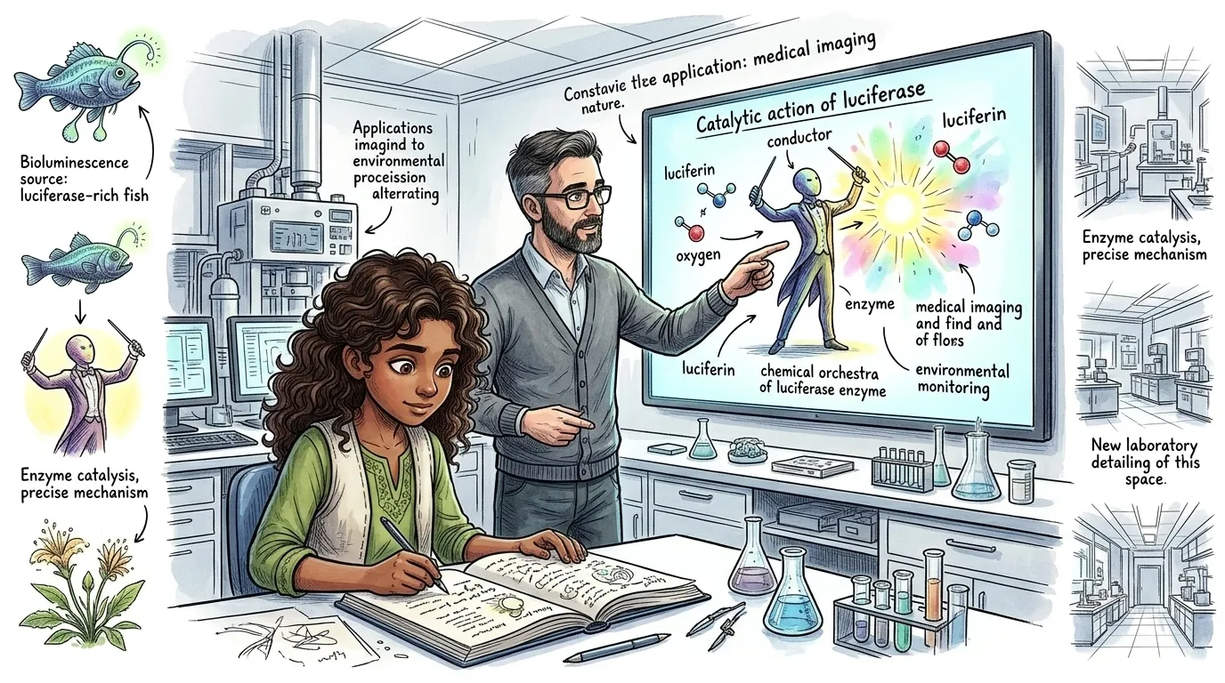 The enzyme luciferase acts as a catalyst, speeding up the chemical reaction. Without it, the process would be too slow to produce a visible glow. The enzyme luciferase acts as a catalyst, speeding up the chemical reaction. Without it, the process would be too slow to produce a visible glow.