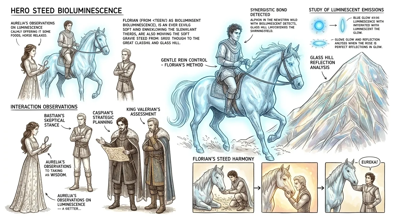 Mentre Florian montava il destriero selvaggio, una soffice luce blu li avvolse. Il cavallo, ora irradiando una delicata luminescenza, si mosse verso la Collina…