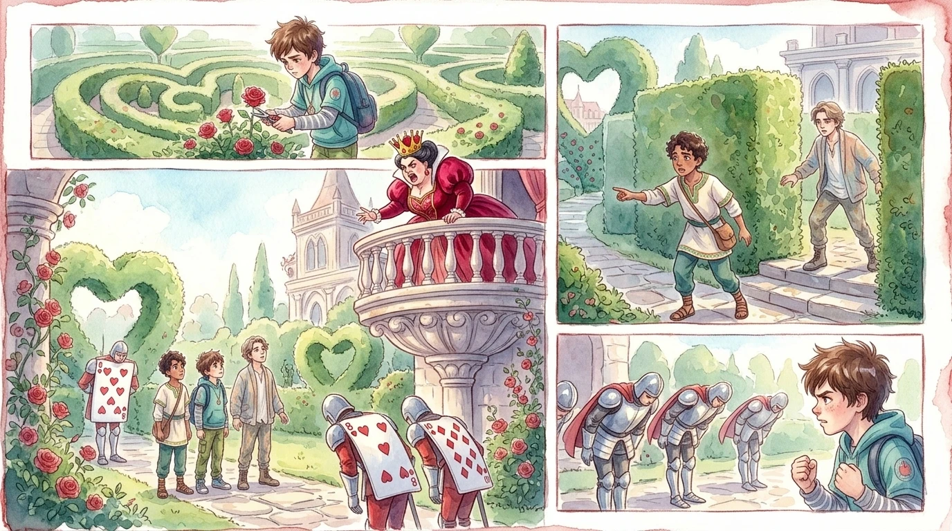 “安静！”红心王后突然出现在俯瞰花园的阳台上，厉声喝道。她身材魁梧，身披深红色天鹅绒。“谁敢打扰我的玫瑰？”她质问道。扑克牌士兵们深深地鞠了一躬。