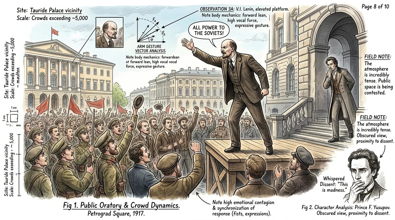 Lenin, aus dem Exil zurückgekehrt, ergriff den Moment. Er erklärte: „Alle Macht den Sowjets!“ und forderte die Arbeiter und Soldaten auf, die Provisorische… Lenin, aus dem Exil zurückgekehrt, ergriff den Moment. Er erklärte: „Alle Macht den Sowjets!“ und forderte die Arbeiter und Soldaten auf, die Provisorische…