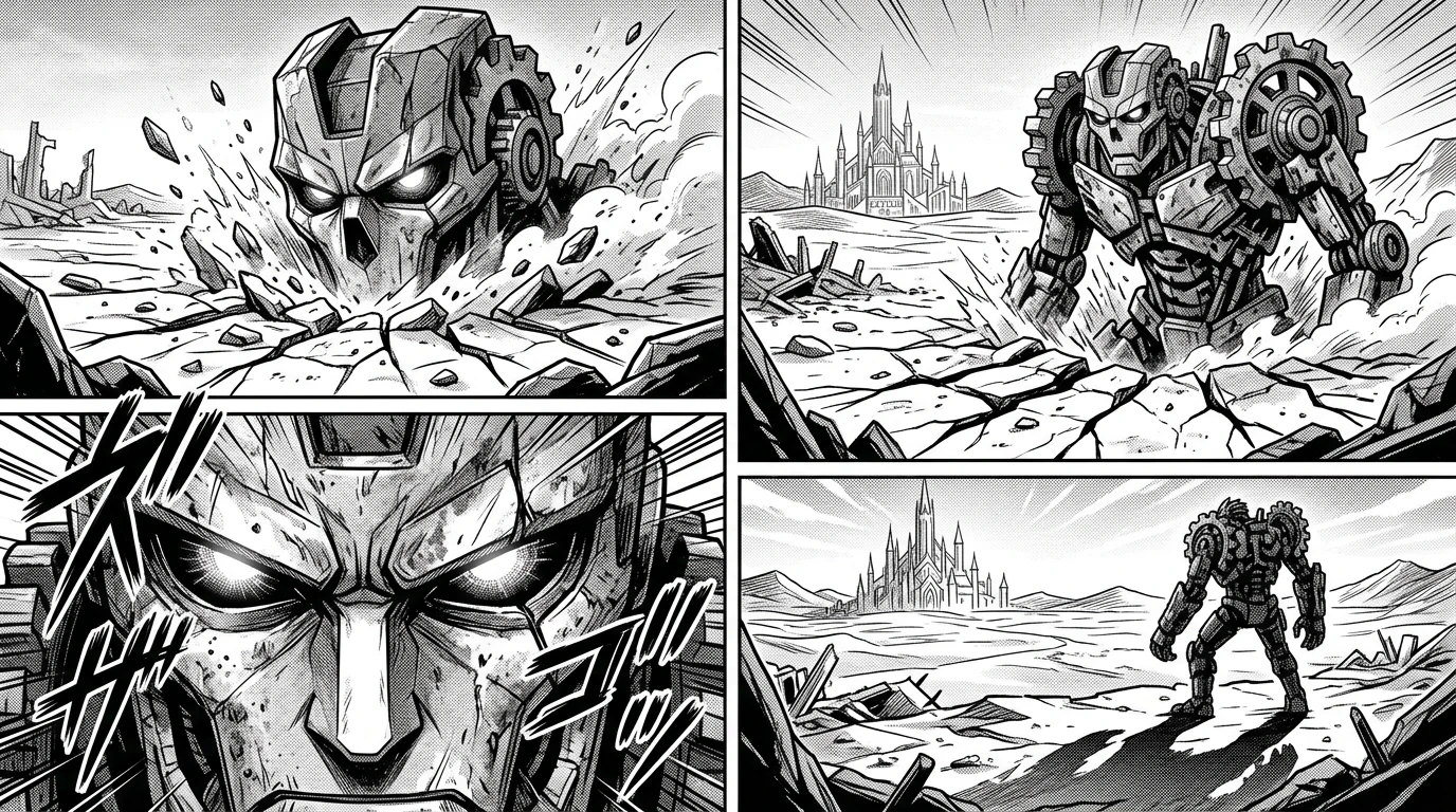 Suddenly, the ground trembled. A monstrous machine, forged from scrap and hate, rose from the ruins – a Rust Colossus! Its eyes glowed with malevolent energy…