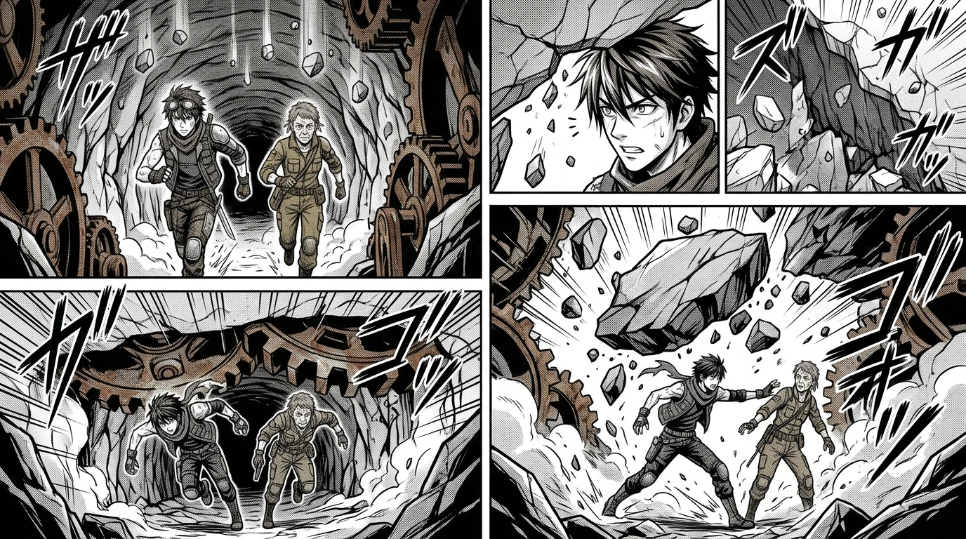 They plunged into the labyrinthine tunnels, the Colossus' heavy footsteps shaking the ground above. Gears screeched, and the ground trembled.