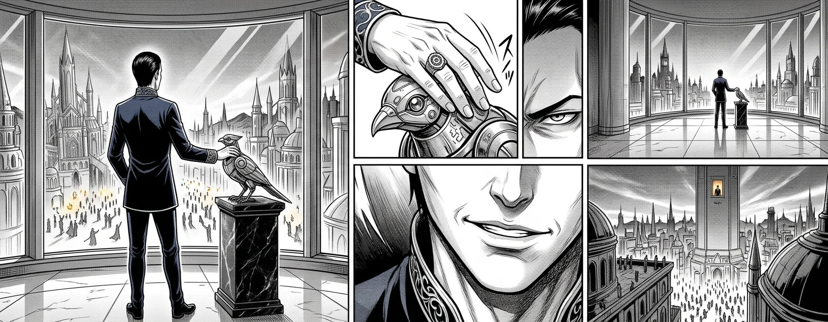 Back in Aethoria, Councilman Varro watched the celebration from his opulent tower, a sneer twisting his lips. "Fools," he hissed, stroking his metallic pet.
