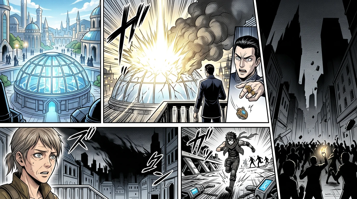 The next day, a vital energy conduit in Aethoria exploded, plunging the city into darkness. Panic erupted as vital systems failed.