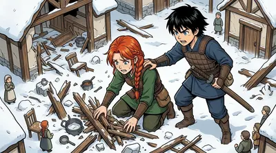 Lina rummaged frantically through the debris of her home. "It's gone! Everything's gone!" she cried, tears welling up in her eyes. Lina rummaged frantically through the debris of her home. "It's gone! Everything's gone!" she cried, tears welling up in her eyes.