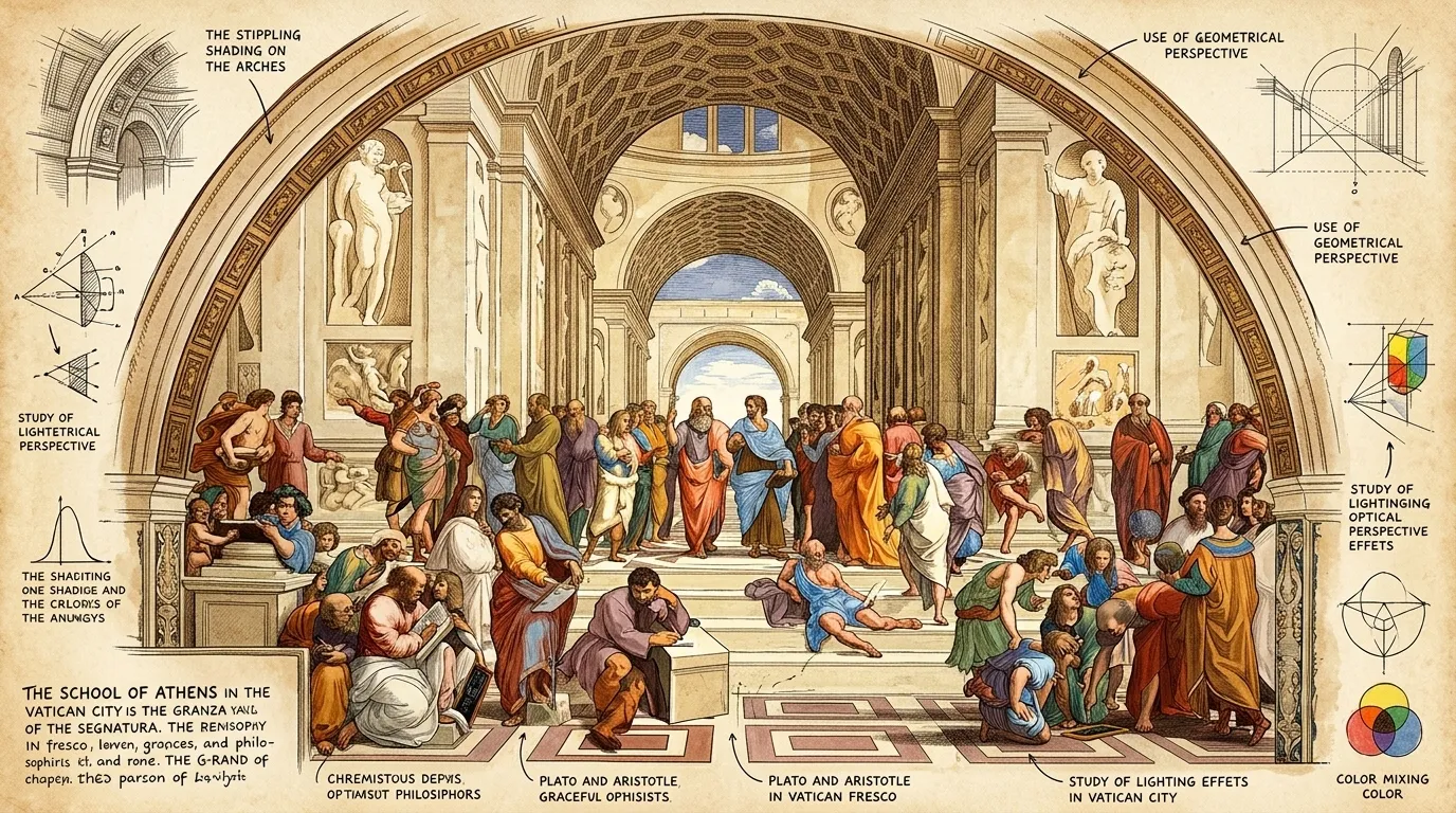 In the Apostolic Palace, Vatican City, resides Raphael's fresco, The School of Athens. Completed between 1509 and 1511, this grand depiction of philosophy… In the Apostolic Palace, Vatican City, resides Raphael's fresco, The School of Athens. Completed between 1509 and 1511, this grand depiction of philosophy…