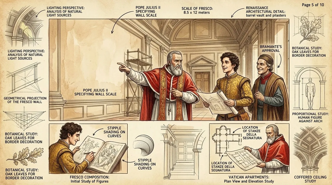 In 1508, Pope Julius II summoned Raphael to Rome to decorate the papal apartments in the Vatican. This commission marked a turning point in Raphael's career… In 1508, Pope Julius II summoned Raphael to Rome to decorate the papal apartments in the Vatican. This commission marked a turning point in Raphael's career…