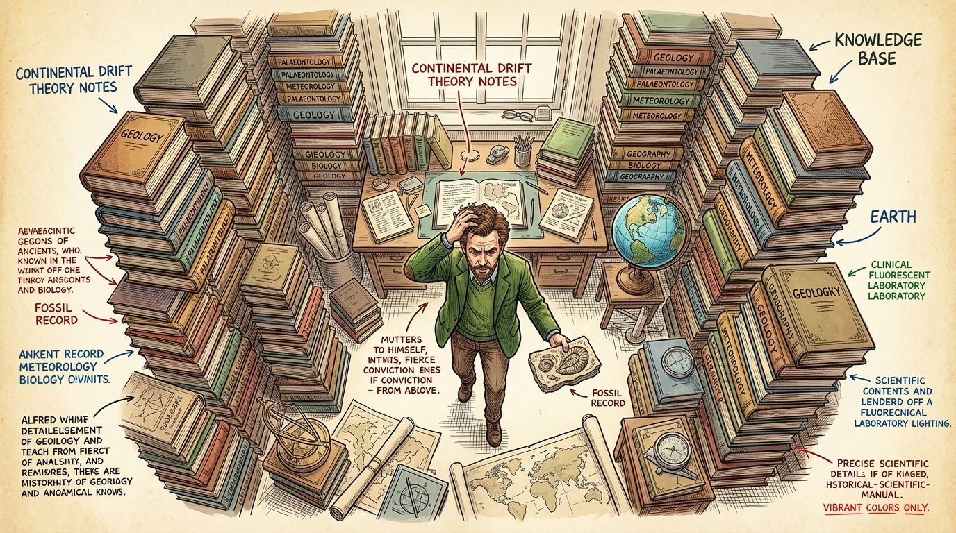 Wegener schritt in seinem Arbeitszimmer auf und ab, umgeben von Stapeln von Büchern über Geologie, Biologie und Geografie. Wegener schritt in seinem Arbeitszimmer auf und ab, umgeben von Stapeln von Büchern über Geologie, Biologie und Geografie.