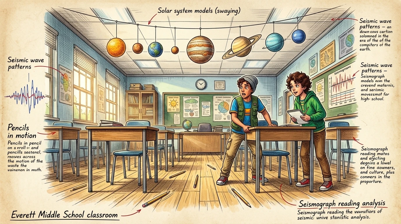 Inside their classroom at Everett Middle School, a sudden jolt made the windows rattle and the hanging models of the solar system sway. Inside their classroom at Everett Middle School, a sudden jolt made the windows rattle and the hanging models of the solar system sway.