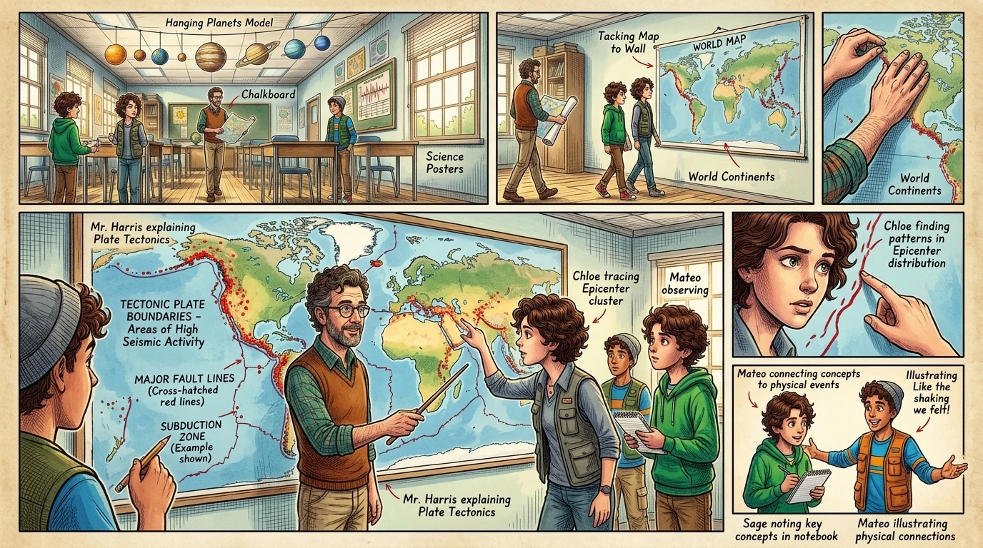 "That was a small earthquake, class," Mr. Harris said calmly, pointing to a large world map on the wall covered in red dots. "That was a small earthquake, class," Mr. Harris said calmly, pointing to a large world map on the wall covered in red dots.