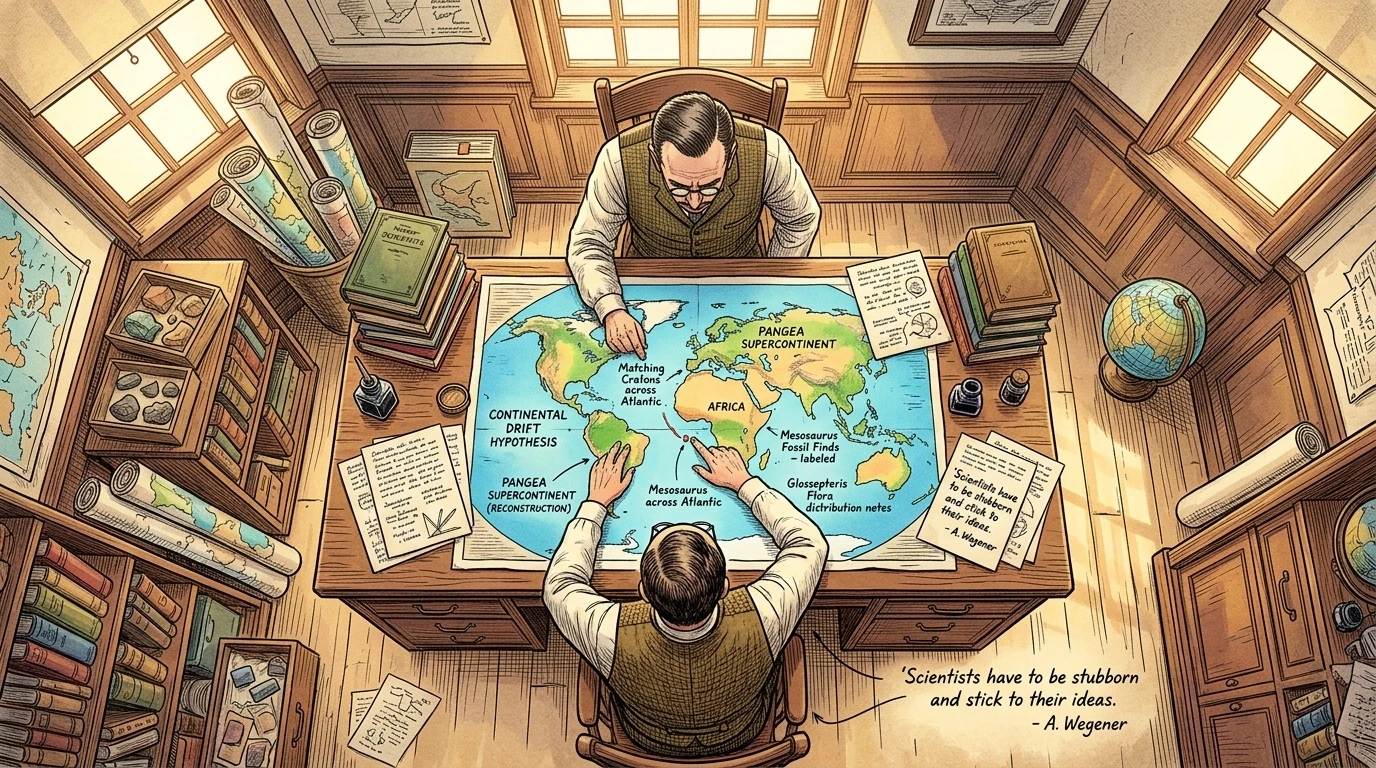 One day in his study, Wegener stared at a world map, truly noticing for the first time how the coastline of South America looked like it could slot perfectly… One day in his study, Wegener stared at a world map, truly noticing for the first time how the coastline of South America looked like it could slot perfectly…