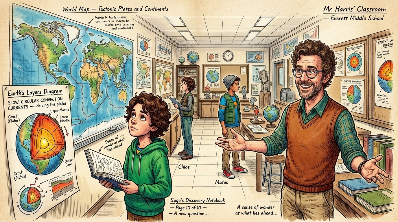 Mr. Harris beamed with pride. "Exactly! Earthquakes are just one effect of our living, moving planet." Sage looked at her notebook, then back at the map. Mr. Harris beamed with pride. "Exactly! Earthquakes are just one effect of our living, moving planet." Sage looked at her notebook, then back at the map.
