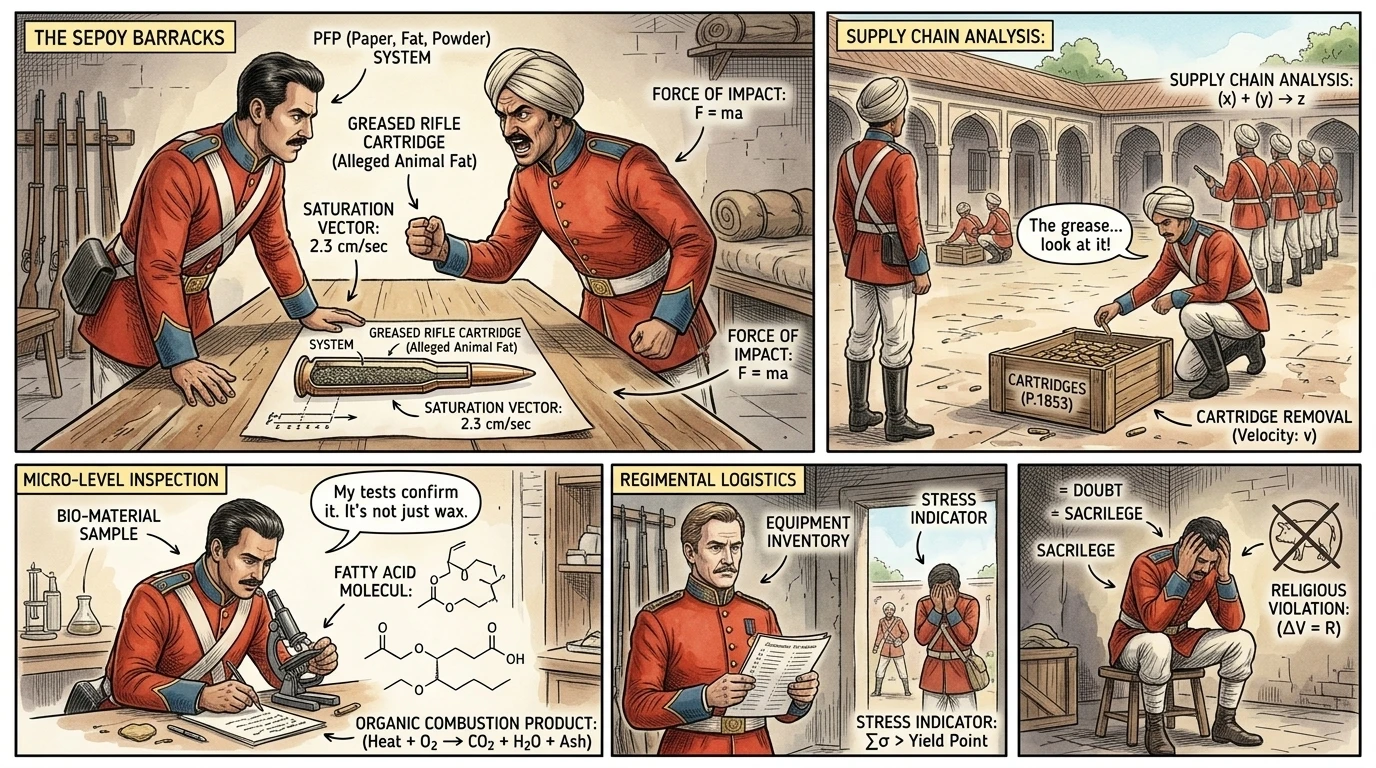 It began with the greased cartridges, Dharmaveer explained to Mangal Pandey one afternoon. "They say the cartridges are greased with animal fat, a sacrilege to… It began with the greased cartridges, Dharmaveer explained to Mangal Pandey one afternoon. "They say the cartridges are greased with animal fat, a sacrilege to…
