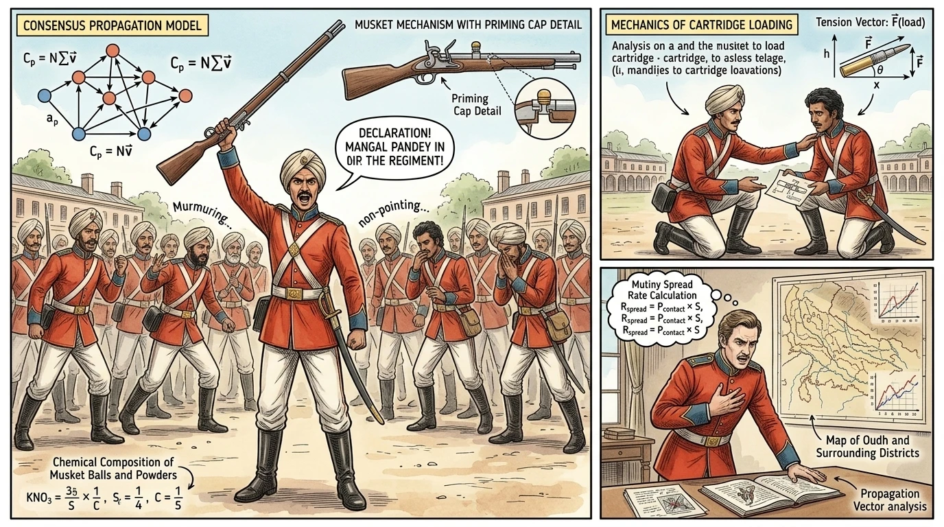 Mangal Pandey, standing before his regiment, raised his musket. "'The government is determined to trample on our religion,'" he boomed. Mangal Pandey, standing before his regiment, raised his musket. "'The government is determined to trample on our religion,'" he boomed.