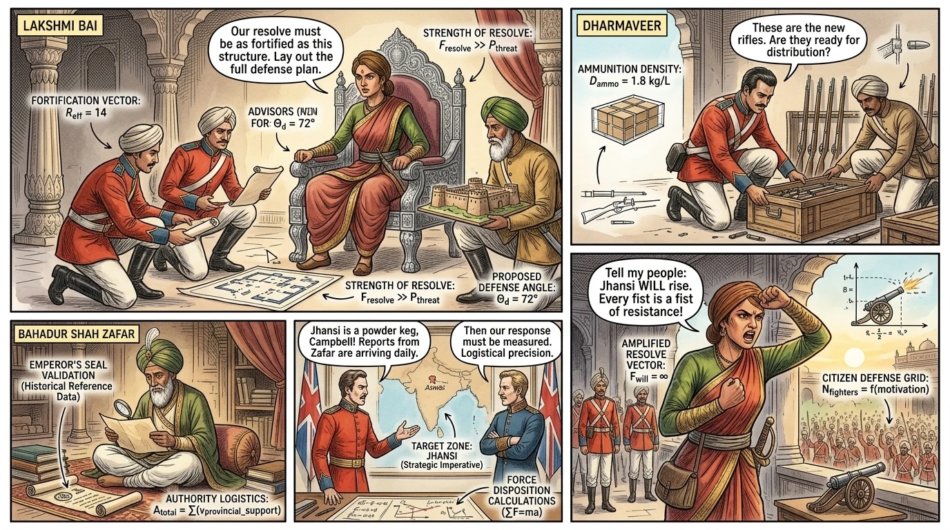Lakshmi Bai, the Rani of Jhansi, listened intently to the reports reaching her palace. "The British seek to annex our lands," she declared to her advisors. Lakshmi Bai, the Rani of Jhansi, listened intently to the reports reaching her palace. "The British seek to annex our lands," she declared to her advisors.