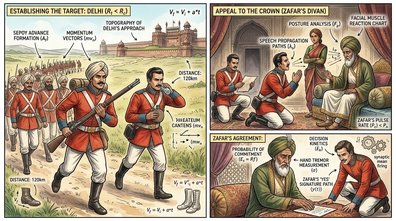 The sepoys, united in their cause, marched towards Delhi, seeking leadership from Bahadur Shah Zafar, the aged Mughal Emperor. The sepoys, united in their cause, marched towards Delhi, seeking leadership from Bahadur Shah Zafar, the aged Mughal Emperor.