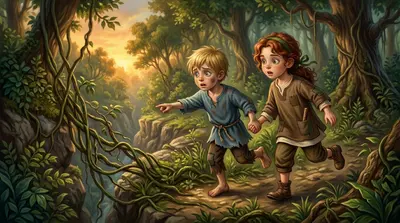 安雅抓着皮普的手，眼睛焦急地四处张望。“想想，皮普，想想！我们需要些东西来固定桥梁！”她喊道。突然，皮普想起了藤蔓。“我刚才看到了一些结实的藤蔓。