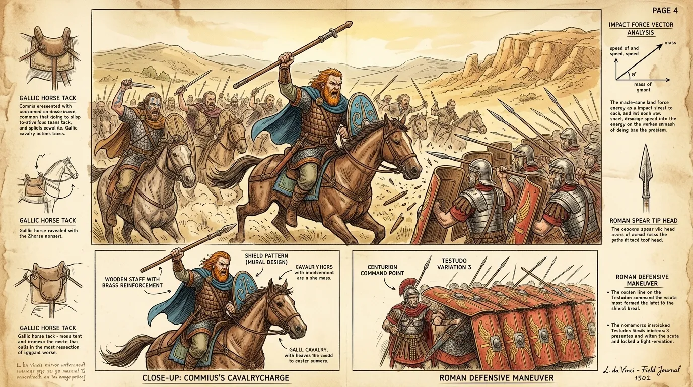 Commius, leading a contingent of Gallic cavalry, charged headlong into a Roman patrol. "For Gaul!" he roared, his sword raised high. Commius, leading a contingent of Gallic cavalry, charged headlong into a Roman patrol. "For Gaul!" he roared, his sword raised high.