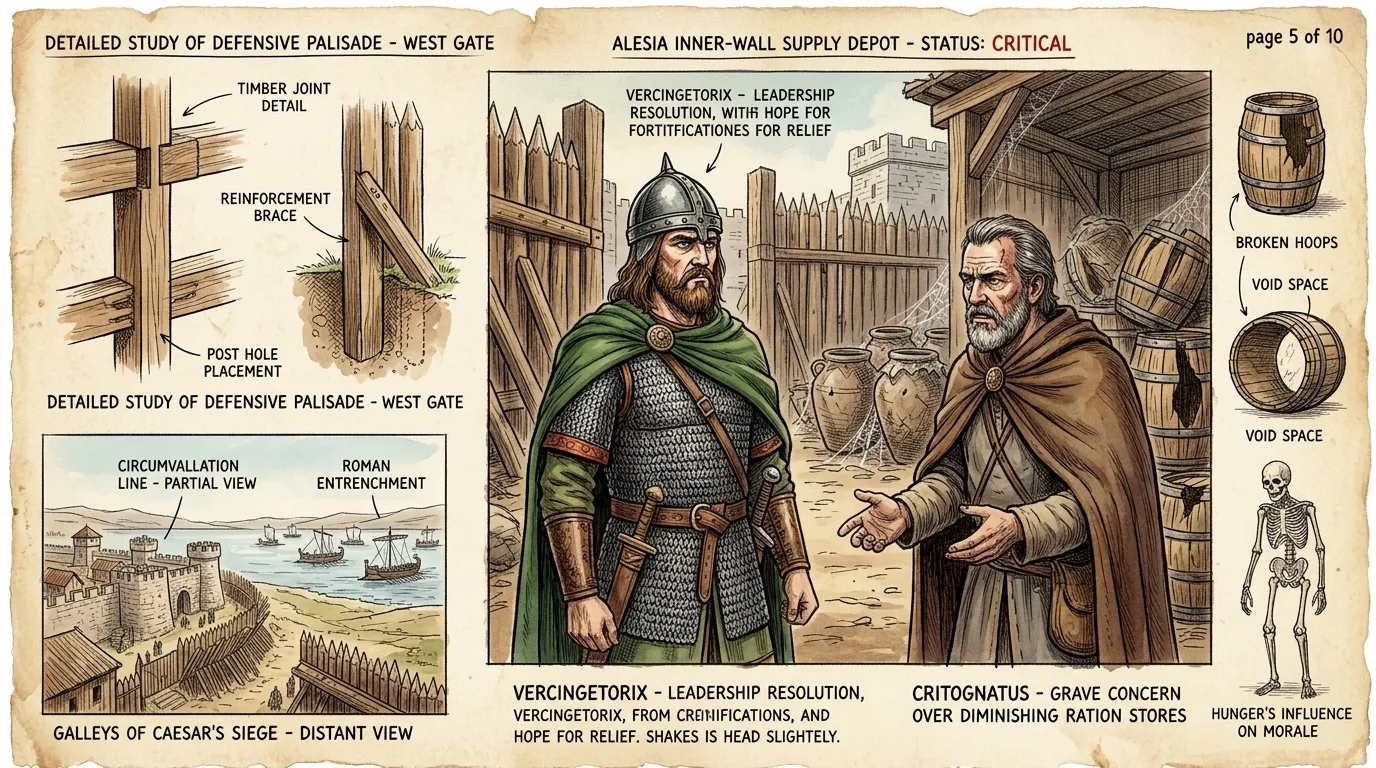 Within Alesia, the situation grew desperate. "Our supplies are dwindling," Critognatus reported to Vercingetorix, his voice grim. Within Alesia, the situation grew desperate. "Our supplies are dwindling," Critognatus reported to Vercingetorix, his voice grim.