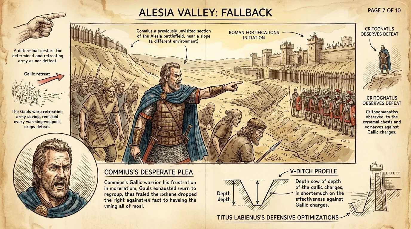 Despite fierce fighting, Commius's army could not breach Caesar's fortifications. "They are too strong!" Commius shouted to his retreating warriors. Despite fierce fighting, Commius's army could not breach Caesar's fortifications. "They are too strong!" Commius shouted to his retreating warriors.