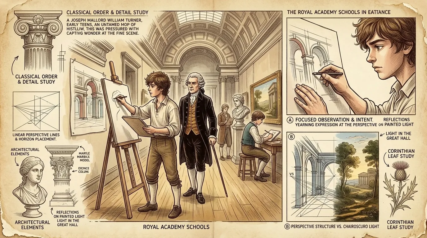 Turner enters the Royal Academy Schools, a world of classical ideals and established techniques. He immerses himself in the study of perspective, anatomy, and…