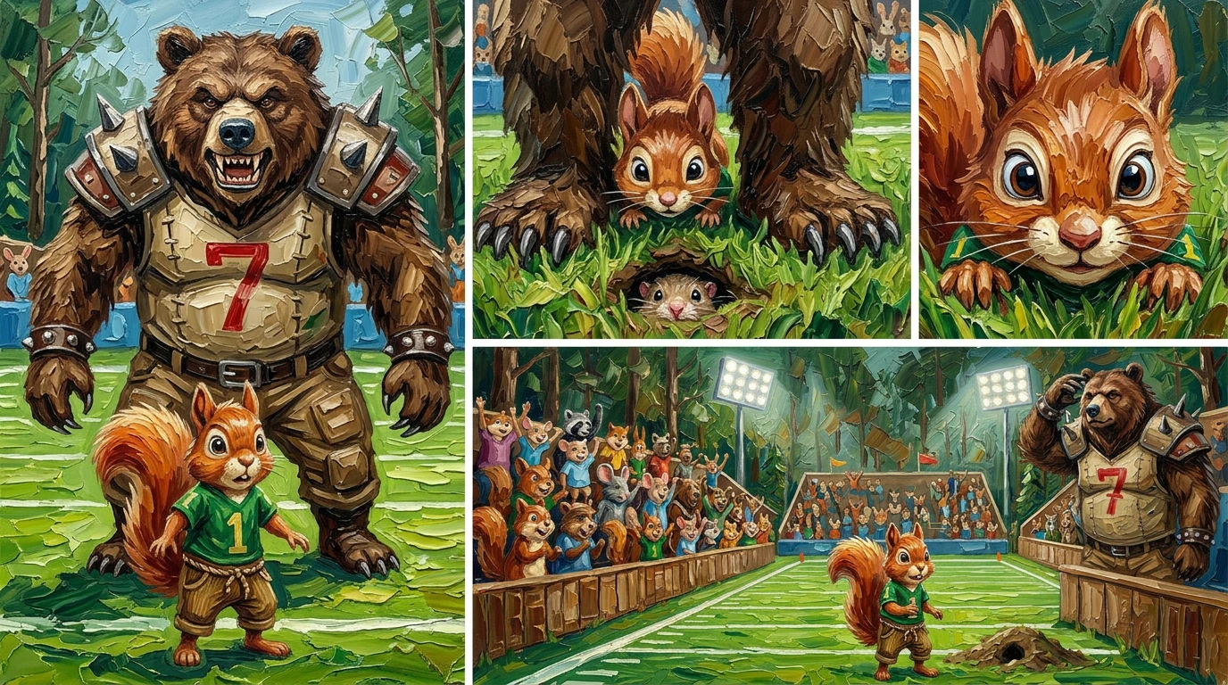 Suddenly, a burly bear linebacker lumbered into his path. It was Boris, the biggest, meanest player in the league. Boris sneered, his teeth glinting menacingly. Suddenly, a burly bear linebacker lumbered into his path. It was Boris, the biggest, meanest player in the league. Boris sneered, his teeth glinting menacingly.