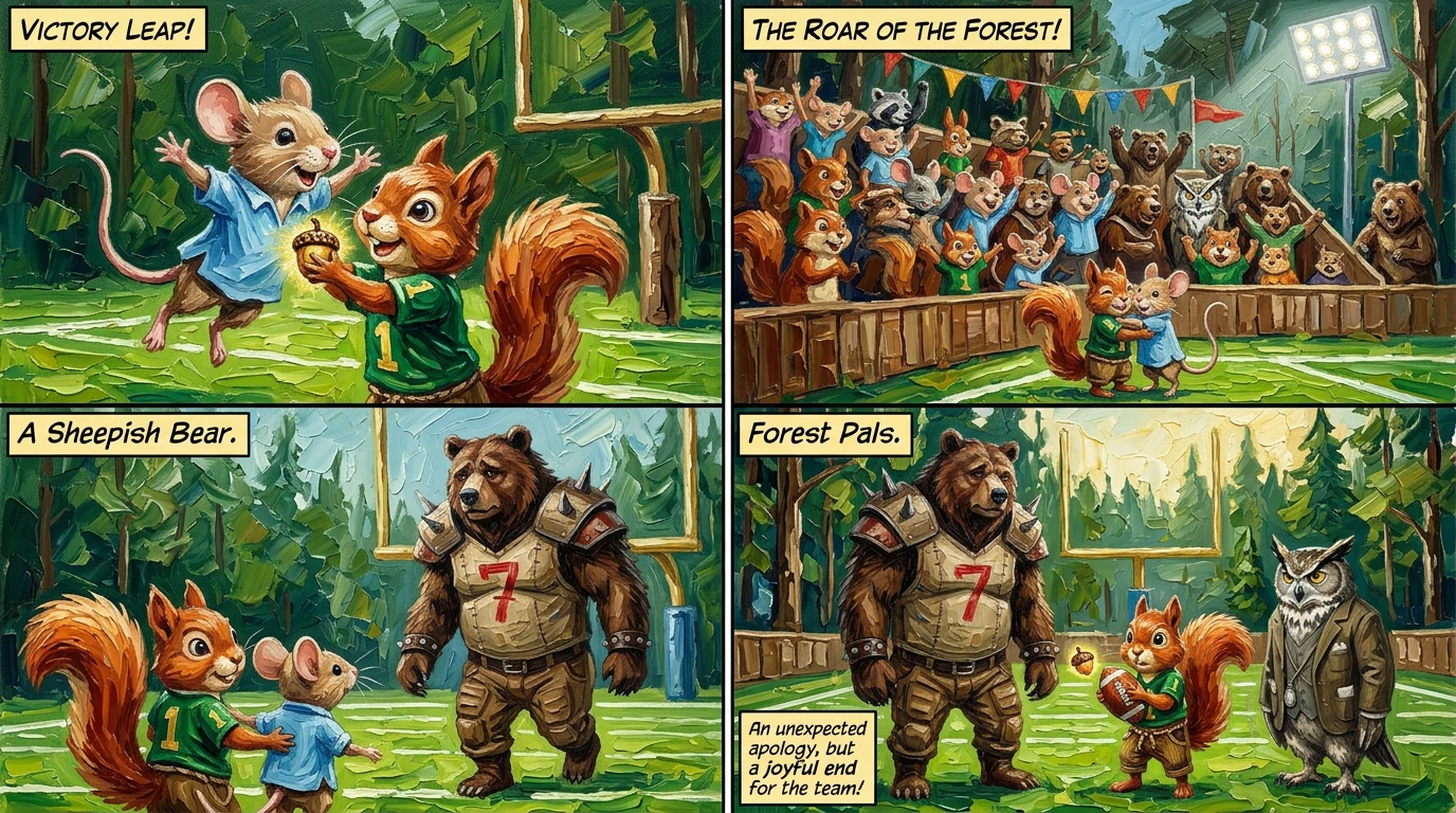 The crowd roared. Pip leaped into Milo's arms. "You did it, Milo! You really did it!" Even Boris the bear lumbered over, a sheepish look on his face. The crowd roared. Pip leaped into Milo's arms. "You did it, Milo! You really did it!" Even Boris the bear lumbered over, a sheepish look on his face.