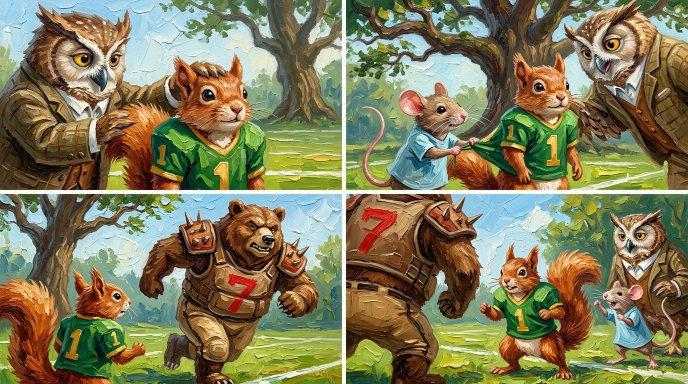 Coach Hoot, a wise old owl, ruffled Milo's fur. "Remember what we practiced, son. Aim for the tallest branch of the old oak. Coach Hoot, a wise old owl, ruffled Milo's fur. "Remember what we practiced, son. Aim for the tallest branch of the old oak.