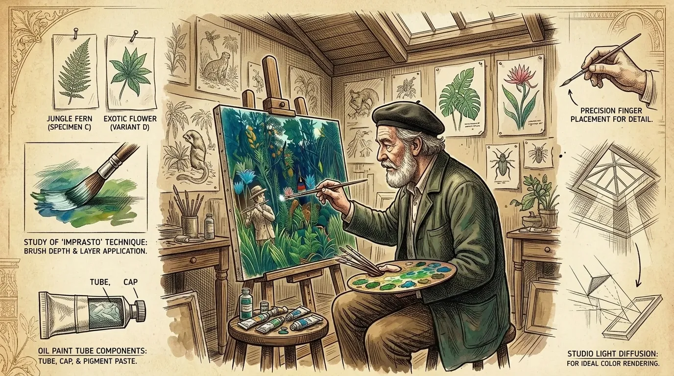 بثقة مكتشفة حديثاً، بدأ روسو برسم "ساحرة الأفاعي". قام بتطبيق الألوان بدقة، مضيفاً تفاصيل معقدة للنباتات والأفاعي. تخيل المرأة كشخصية صوفية، متصلة بالعالم… بثقة مكتشفة حديثاً، بدأ روسو برسم "ساحرة الأفاعي". قام بتطبيق الألوان بدقة، مضيفاً تفاصيل معقدة للنباتات والأفاعي. تخيل المرأة كشخصية صوفية، متصلة بالعالم…