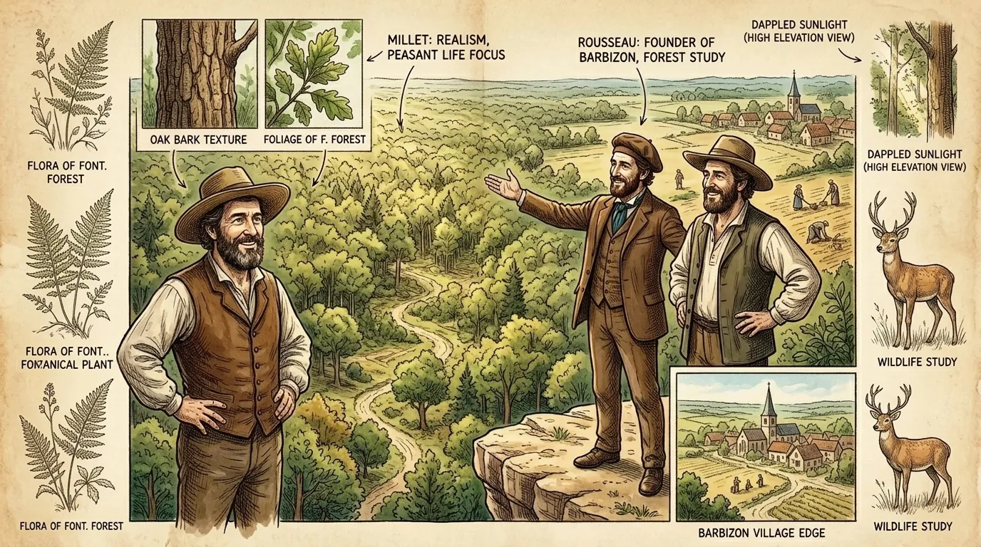 Buscando consolo e inspiração, Millet se muda para Barbizon, um vilarejo à beira da floresta de Fontainebleau. Lá, ele encontra uma comunidade de artistas que… Buscando consolo e inspiração, Millet se muda para Barbizon, um vilarejo à beira da floresta de Fontainebleau. Lá, ele encontra uma comunidade de artistas que…