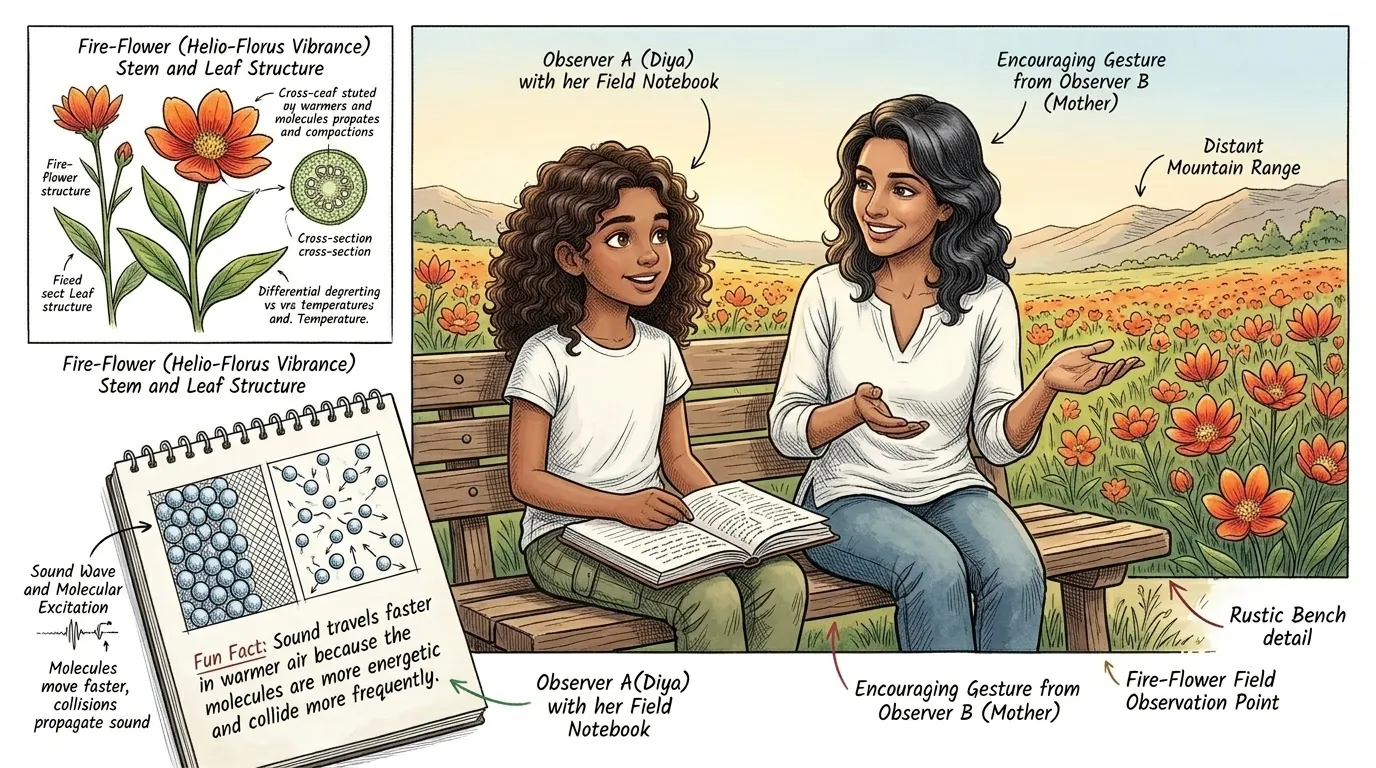 Later, Diya and her mother sit on a bench overlooking the fire-flower fields. Diya, notebook in hand, muses aloud. "Mom, the air here is so warm, could that… Later, Diya and her mother sit on a bench overlooking the fire-flower fields. Diya, notebook in hand, muses aloud. "Mom, the air here is so warm, could that…