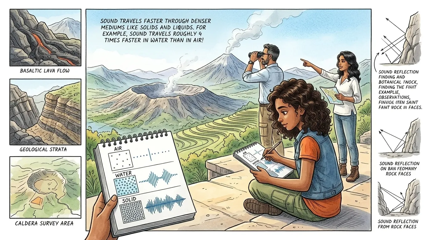 Diya sketches in her notebook. She recalls learning that sound travels faster through denser materials. "Maybe the volcanic gases make the air denser too?" she… Diya sketches in her notebook. She recalls learning that sound travels faster through denser materials. "Maybe the volcanic gases make the air denser too?" she…