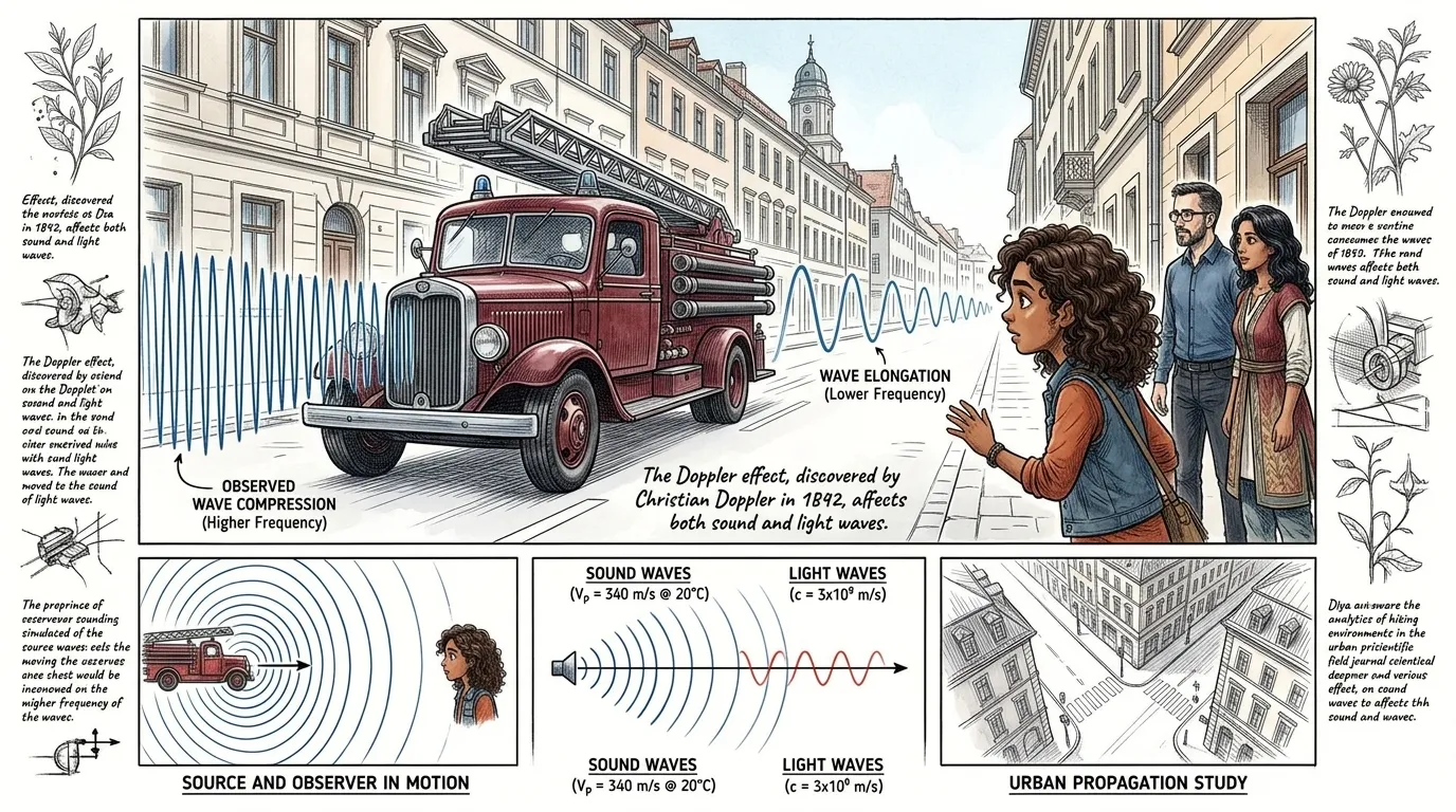 She remembers the Doppler effect. As a fire truck races by, its siren seems to change pitch. If the source is moving towards you, the sound waves compress… She remembers the Doppler effect. As a fire truck races by, its siren seems to change pitch. If the source is moving towards you, the sound waves compress…
