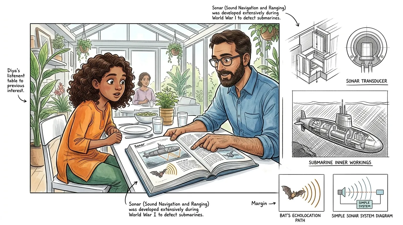 "Sound travels faster underwater, too," Diya's father mentions at dinner that night. "That's why submarines use sonar to navigate." He explains that sonar works… "Sound travels faster underwater, too," Diya's father mentions at dinner that night. "That's why submarines use sonar to navigate." He explains that sonar works…