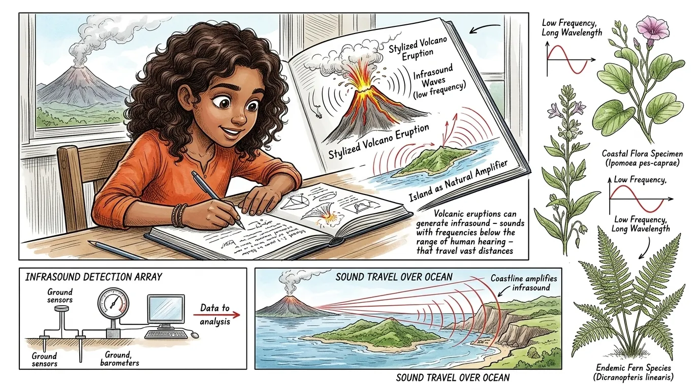 Diya thinks about the volcano again. Could the eruption itself create a kind of sonic boom? Or maybe the shape of the island focuses the sound somehow? Diya thinks about the volcano again. Could the eruption itself create a kind of sonic boom? Or maybe the shape of the island focuses the sound somehow?