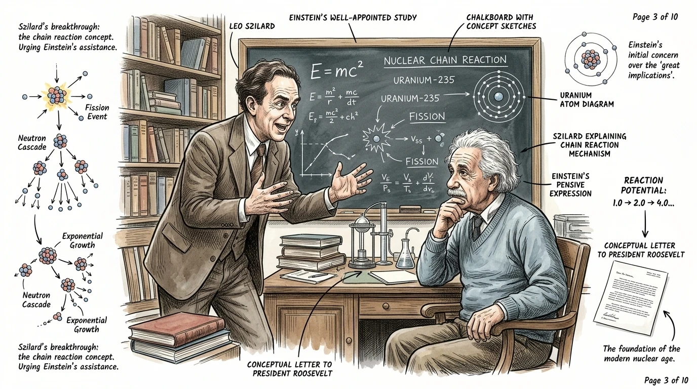 In 1939, Leo Szilard, recognizing the potential for a nuclear chain reaction, sought out Albert Einstein. He explained how the splitting of uranium atoms could… In 1939, Leo Szilard, recognizing the potential for a nuclear chain reaction, sought out Albert Einstein. He explained how the splitting of uranium atoms could…