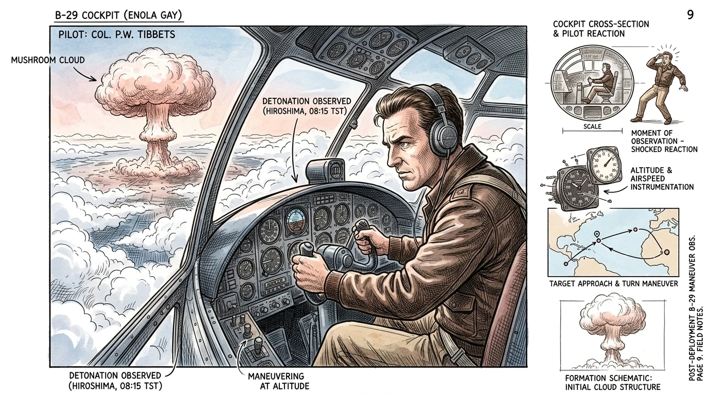 On August 6th, 1945, the B-29 bomber Enola Gay, piloted by Paul Tibbets, dropped the atomic bomb on Hiroshima. The devastation was unimaginable. On August 6th, 1945, the B-29 bomber Enola Gay, piloted by Paul Tibbets, dropped the atomic bomb on Hiroshima. The devastation was unimaginable.